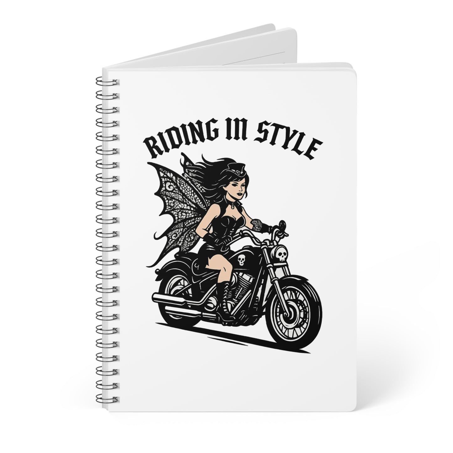 Riding in Style Fairy Notebook, A5 Spiral Journal for Bikers, Motorcycle Lovers, Women's Gifts, Fantasy Decor, Writing & Sketching