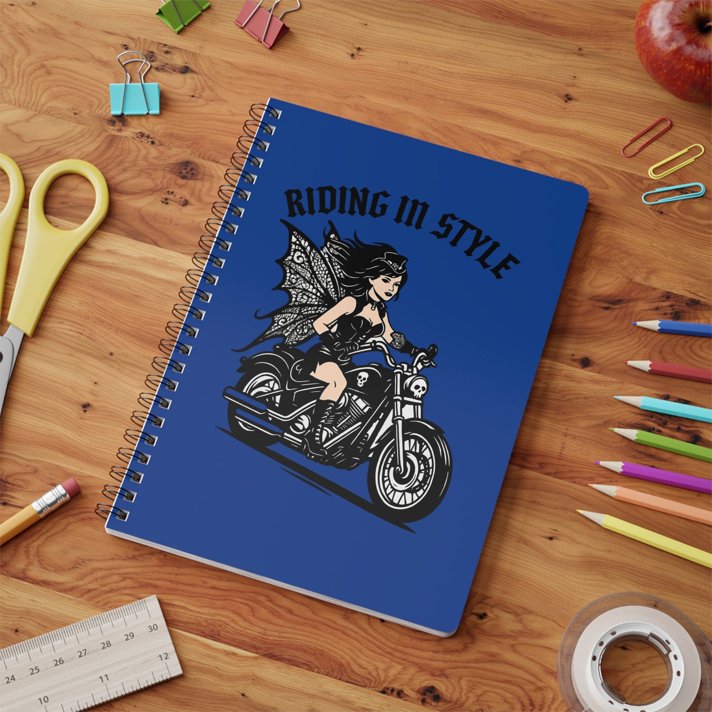 Riding in Style Fairy Notebook, A5 Spiral Journal for Bikers, Motorcycle Lovers, Women's Gifts, Fantasy Decor, Writing & Sketching